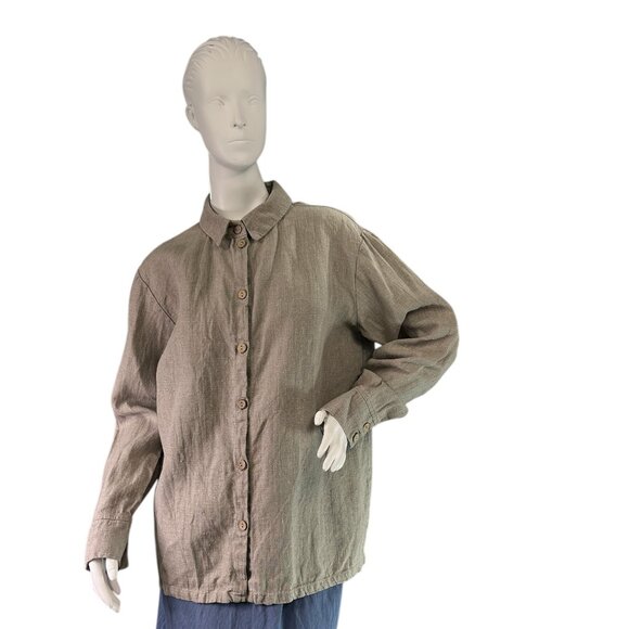 Old Linen Mill Oatmeal Tan European Linen Button Down Shirt Blouse Size Medium - Picture 2 of 7